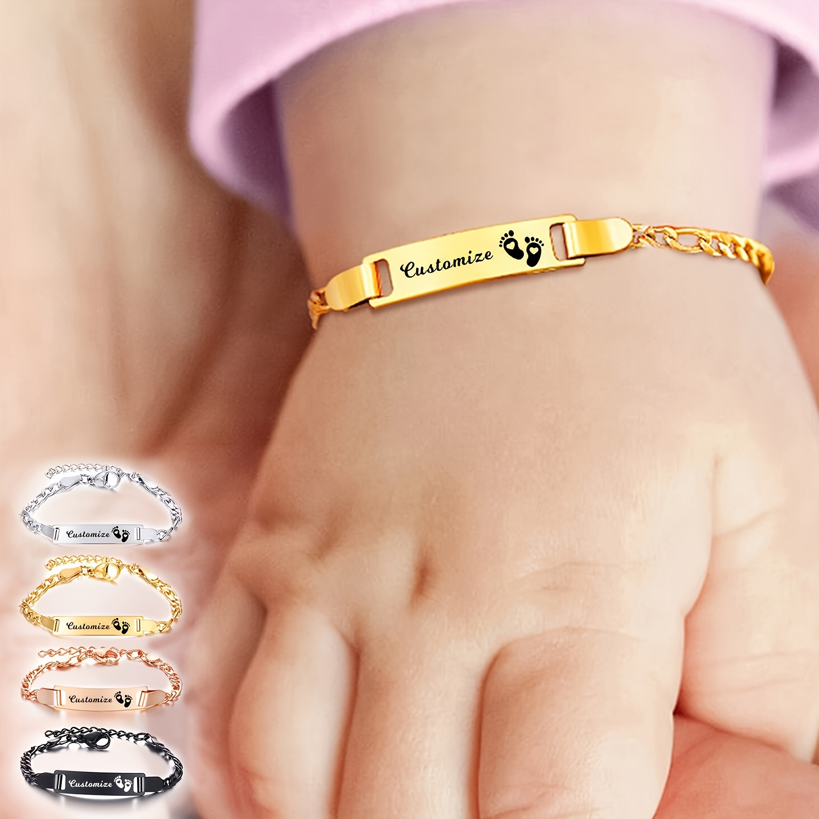 

Customizable Stainless Steel Girl's Nameplate Bracelet, Personalized Chain Bracelet, Perfect Gift Idea, Cute Theme, Unisex, 18k Gold Plated, White