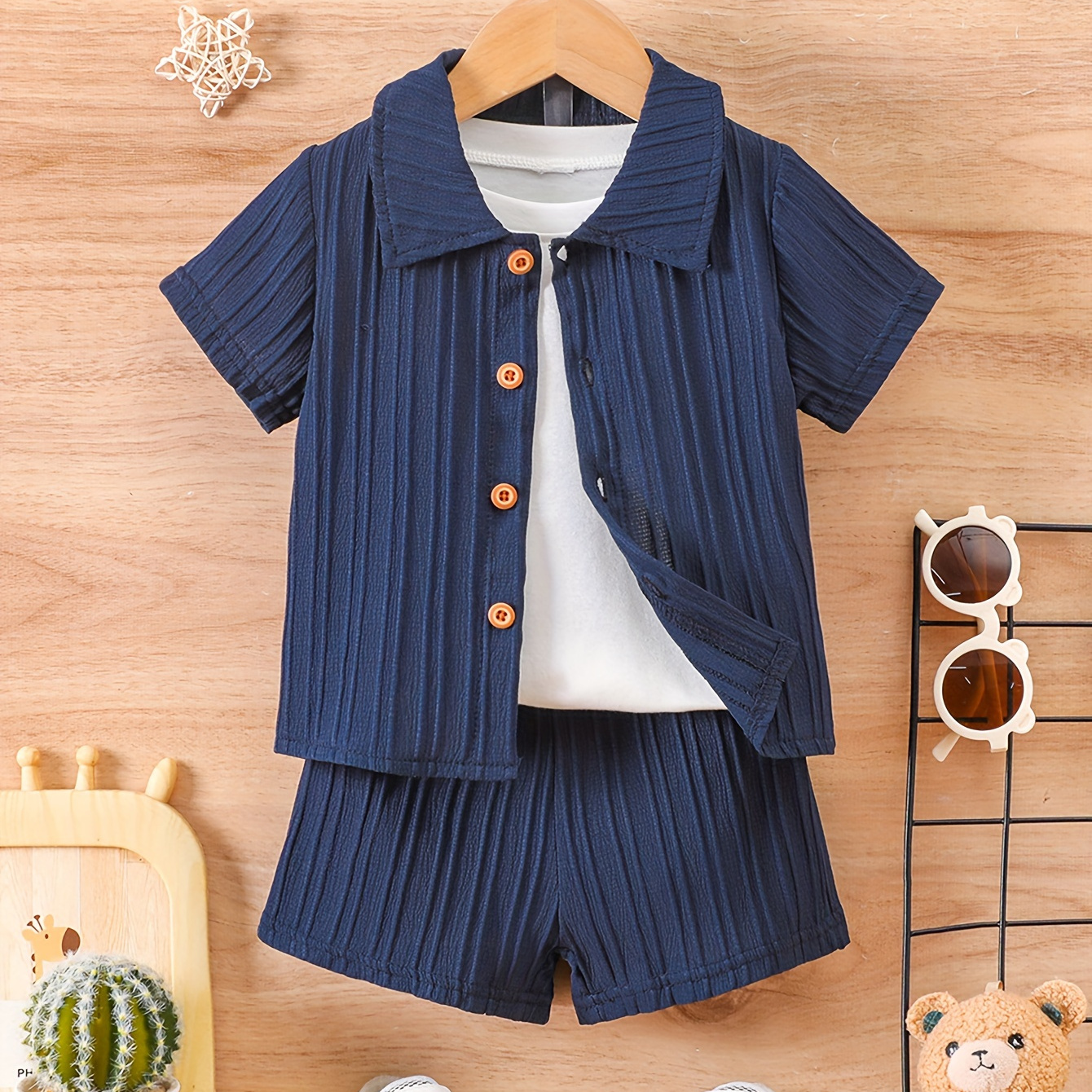 

Ensemble confortable pour bébé garçon, chemise à boutons avant à manches courtes & short à taille élastique, tenue décontractée pour les vacances d'été