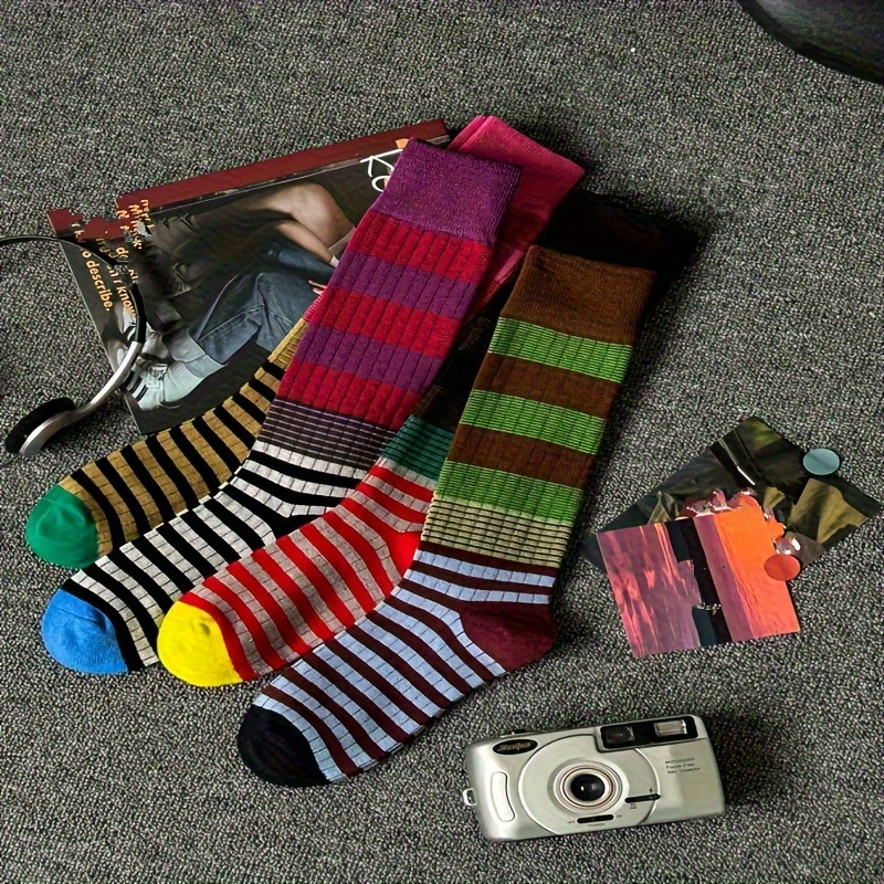

1/4 Pairs Rainbow Stripe Print Calf Socks, Comfy & Soft Thin Knee High Socks, Women's Stockings & Hosiery