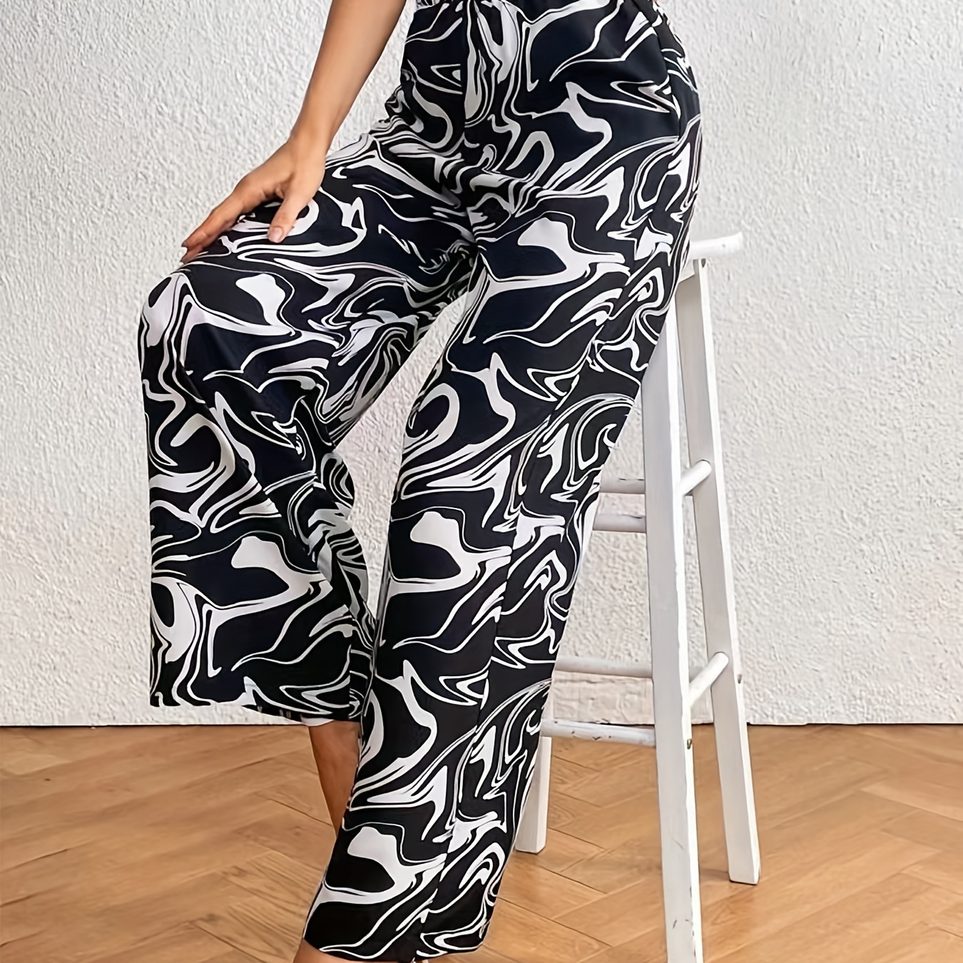 

Allover Print Elastic Waist Pants, Versatile Loose Straight Leg Pants, Women's Clothing