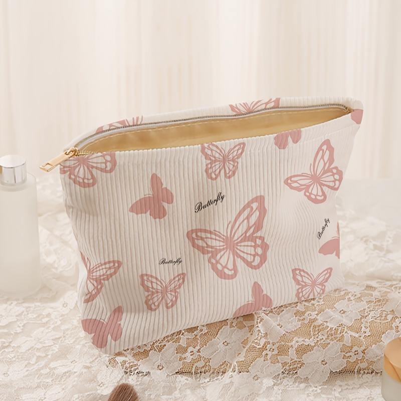

Butterfly Pattern Corduroy Makeup Bag, Lightweight Travel Zipper Cosmetic Pouch, Versatile Toiletry Organizer For Women