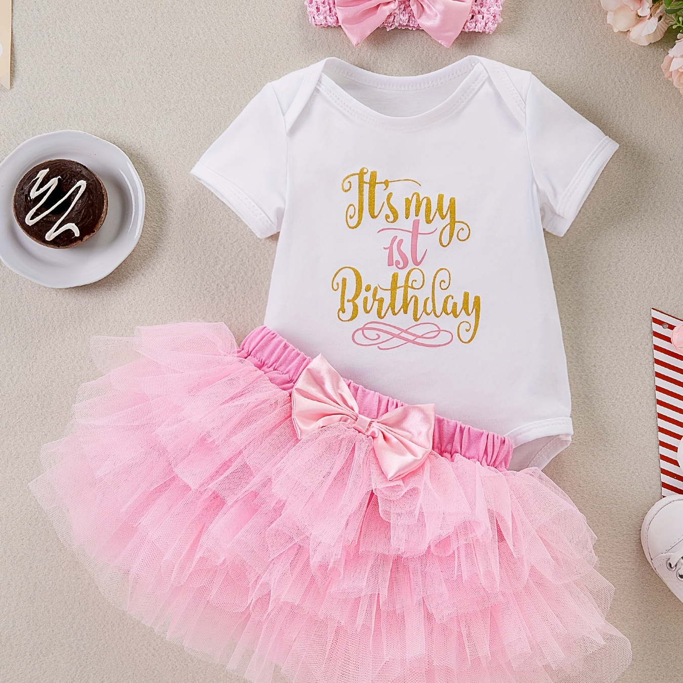 

Sweet Outfits 2pcs, It's My 1st Birthday Print Onesie Romper + Layered Tutu Skirt With Hairband Set For Girls Summer Birthday Gift Party