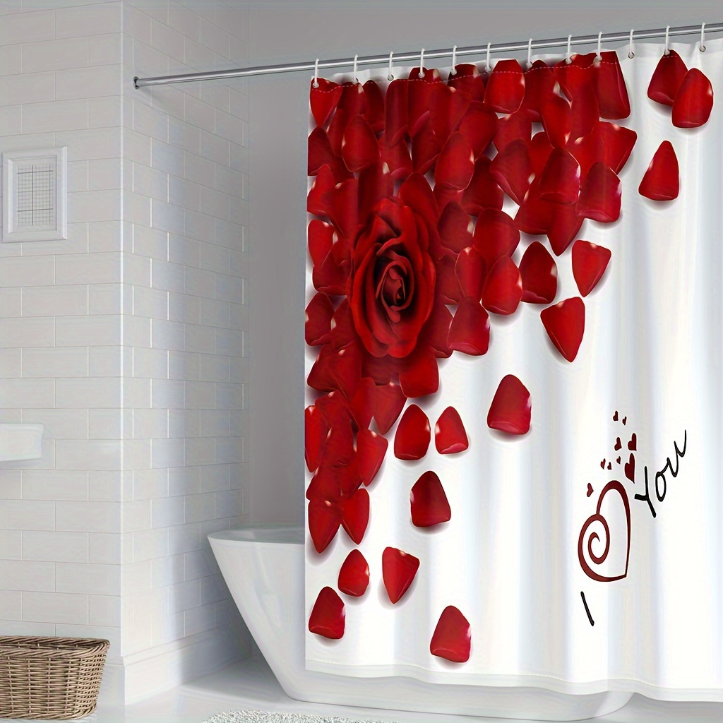 Valentine's Day Shower Curtain Farmhouse Romantic Rose Gnome Couple Red Heart Tree Valentine Shower Curtain for Bathroom Decor Fabric Waterproof