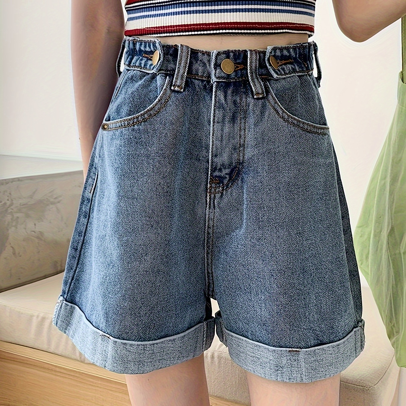

High-waisted Denim Shorts For Women, Summer Casual Rolled Hem Jean Shorts, Preppy Fashion