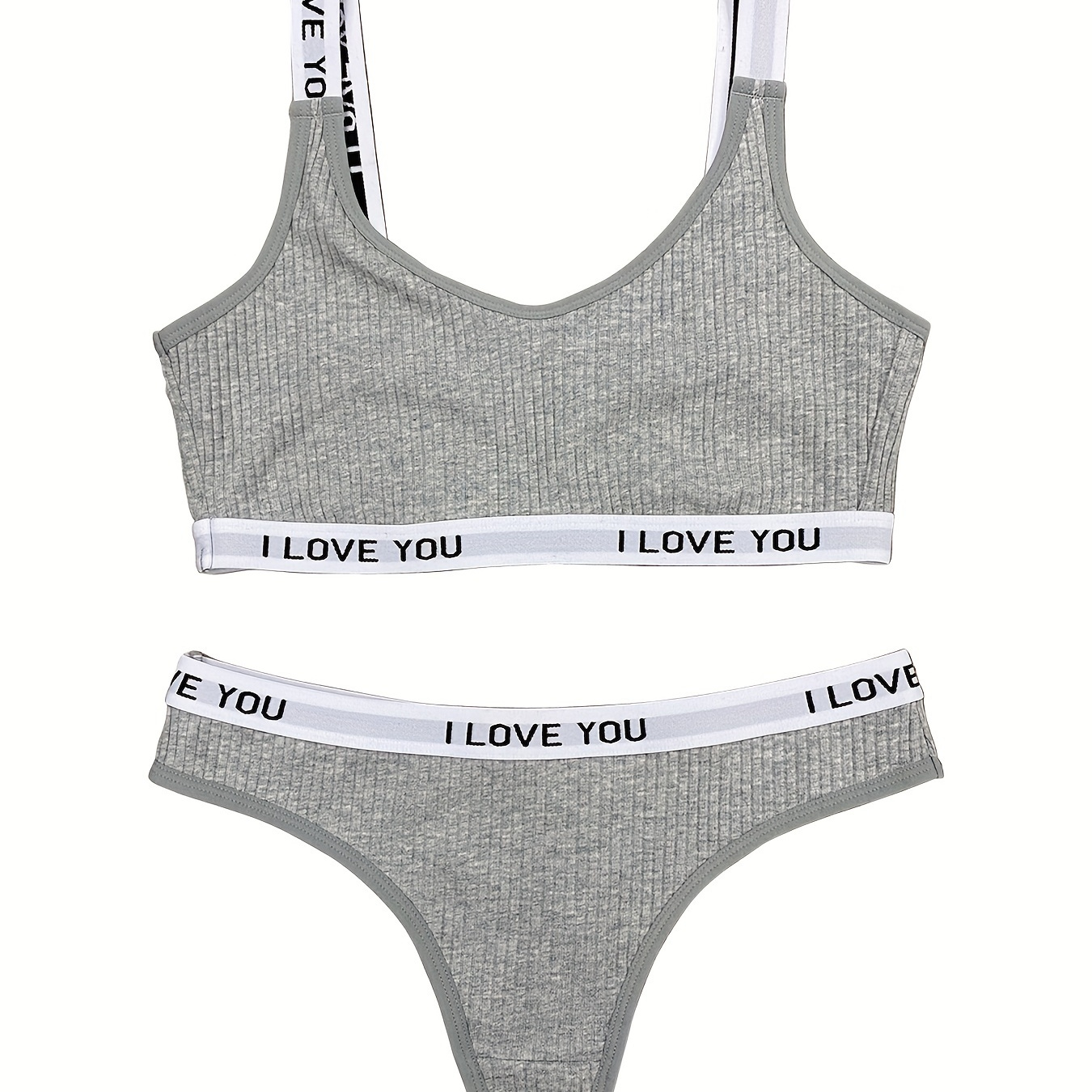 

Letter Print Bra & Panties, Ribbed Wireless Bra & Elastic Thong Lingerie Set, Women's Lingerie & Underwear