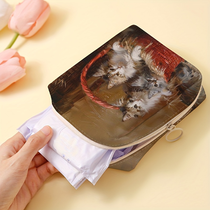 

1pc, Cat Print Portable Sanitary Napkin Pouch, Mini Candy Sundries Storage Bag, Lightweight Multi-purpose Carry Case With Zipper