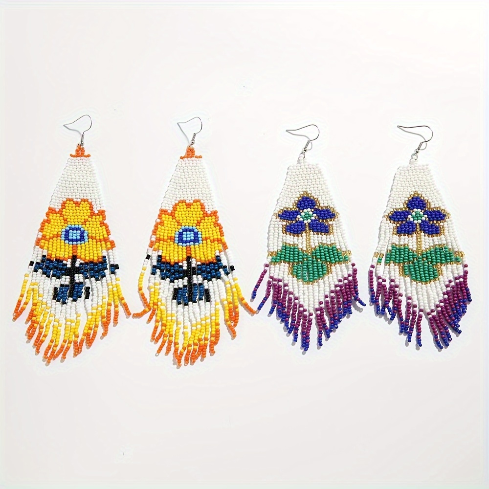 Handmade Long Beaded Tassel Earrings Large Native Bohemian Retro Colorful Beaded Fringe Drop Earrings Big Tribal Boho Seed Bead Chandelier Dangle