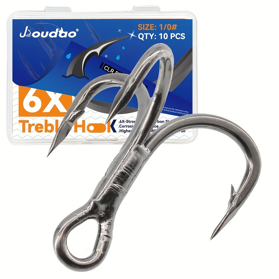 

10-pack 6x Strength Carbon Steel Treble Hooks - Barbed, Sharp Triple Fishing Hooks For Big Game, Hard Bait - Sizes 8# To 3/0