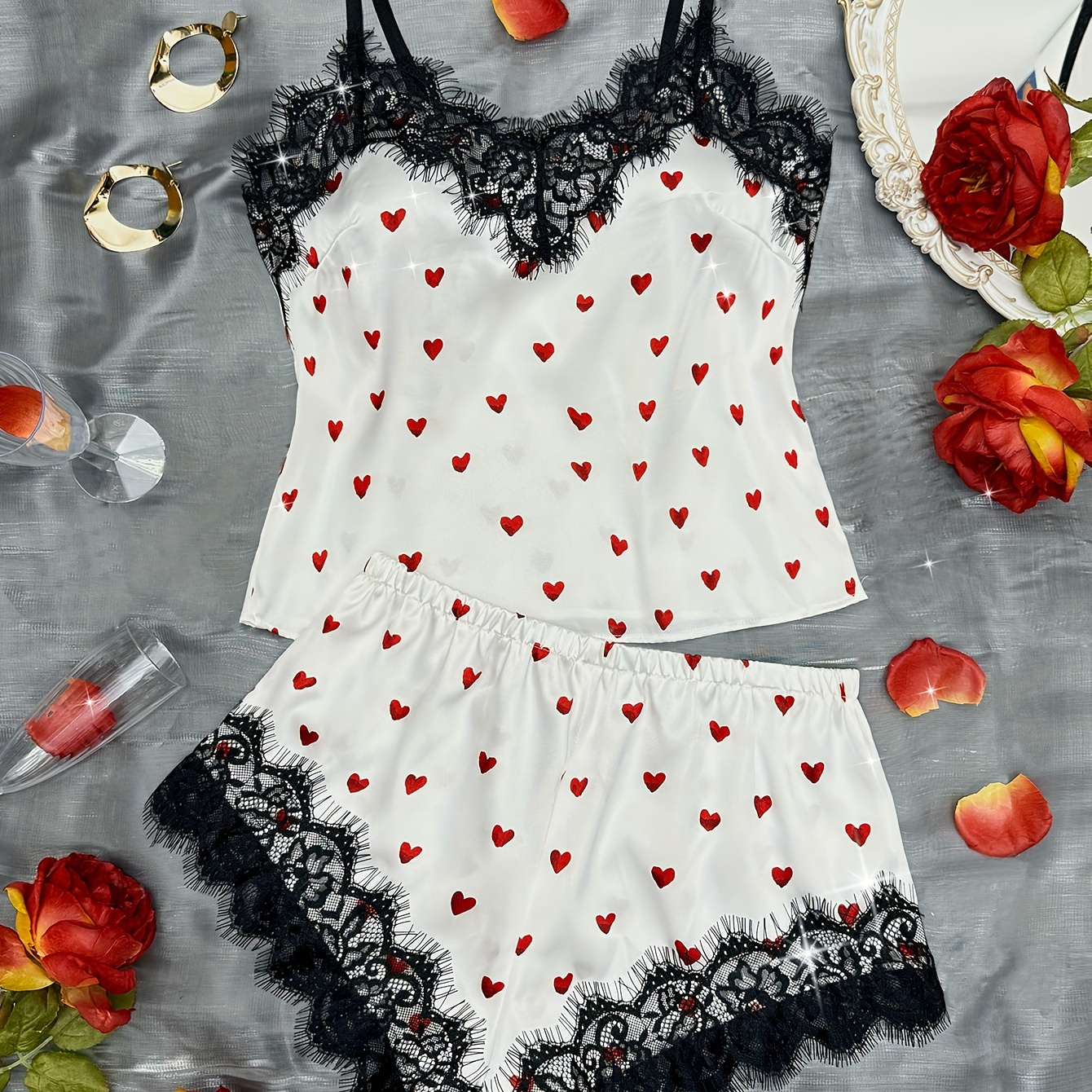 

Heart Print Pajama Set, Lace Trim V Neck Cami Top & Elastic Waistband Shorts, Women's Sleepwear & Loungewear