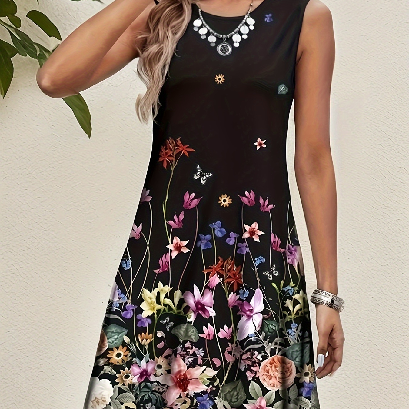 

Floral Print Crew Neck Dress, Casual Sleeveless Dress For Summer, Women's Clothing