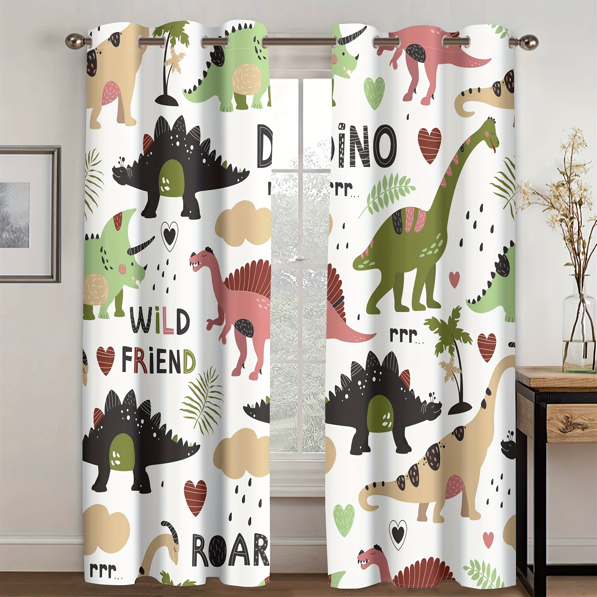 

2-piece Cartoon Dinosaur Colorful Animal Digital Print Living Room Curtains, Semi-sheer 12 Grommet Top Window Curtains For Living Room Decor, Fade Resistant Polyester, Glam Style, Machine Washable