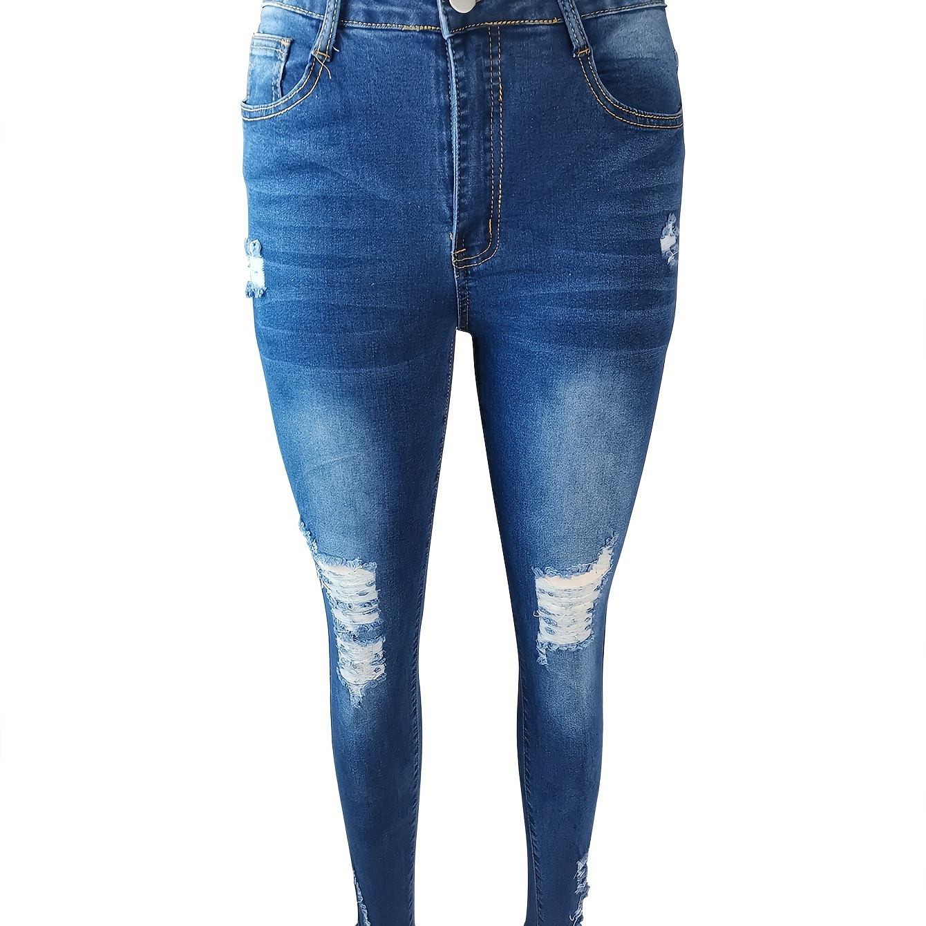 

Dark Blue Ripped Holes Skinny Jeans, Slim Fit Mid-stretch Distressed Casual Denim Pants, Women's Denim Jeans & Clothing