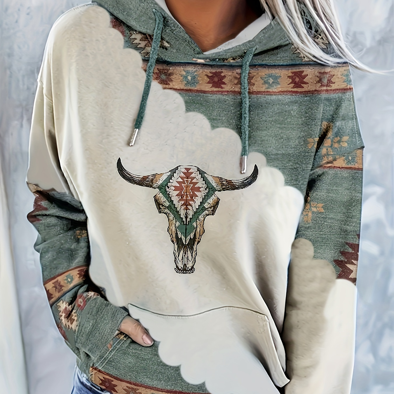 

Aztec Geometric Print Drawstring Hoodie, Casual Long Sleeve Kangaroo Pockets For Spring & Fall, Women's Clothing