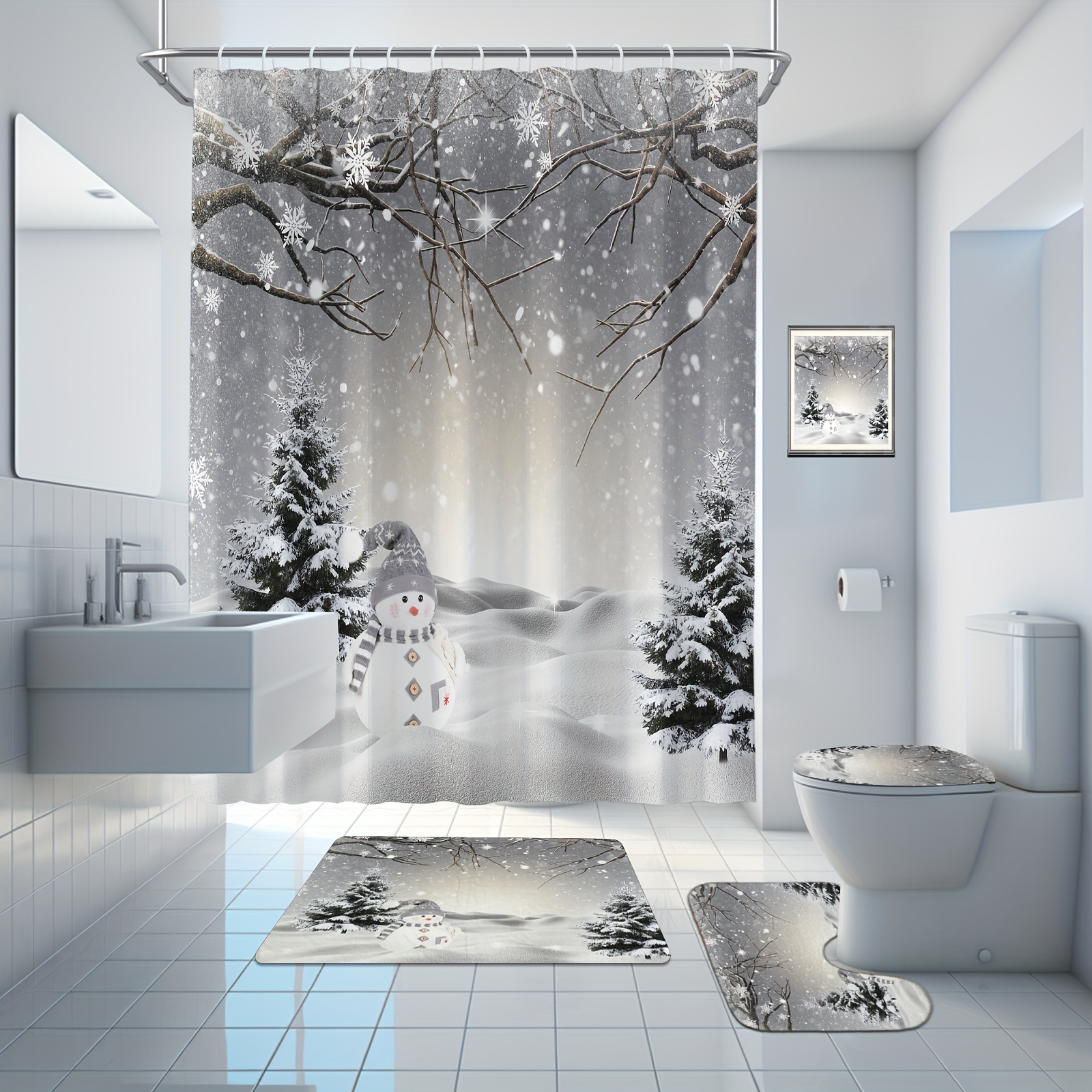 

Christmas Snowman Bath Set: 71"x71" Shower Curtain, Bath Mats, , U-shaped Mat, 12 Plastic - For