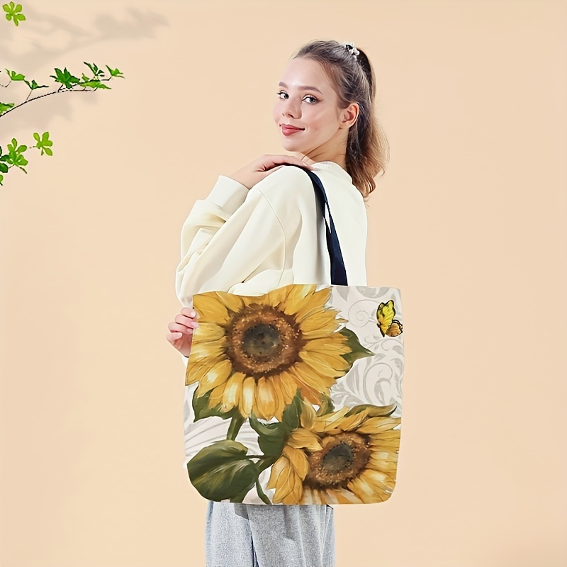 

Sunflower Pattern Printed Casual Tote Bag, Reusable Fashionable Shoulder Bag, Multi Functional Handbag Shopping Bag