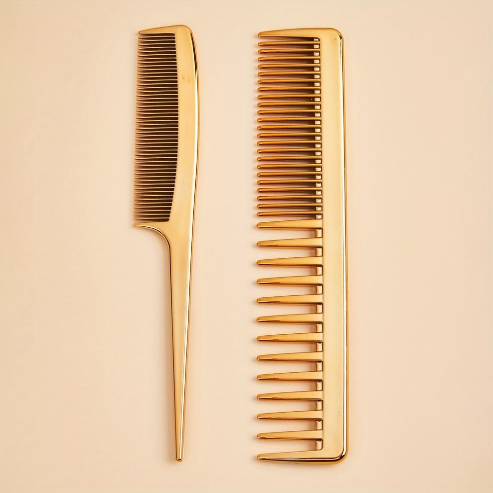 

2pcs Golden Electroplated Hairdressing Comb Set - Double-sided, Anti-static & Heat Resistant For All Hair Types