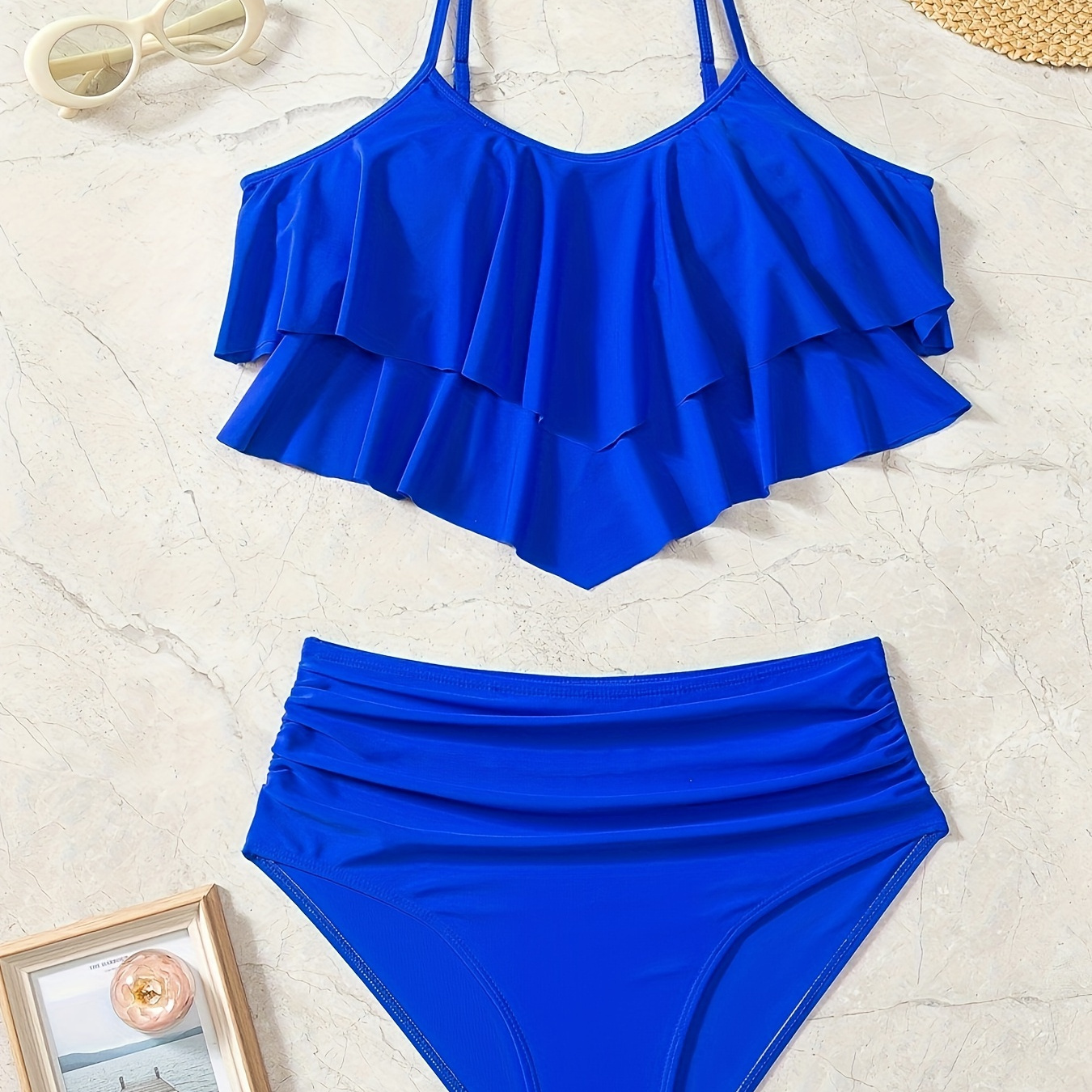 

Solid Color 2 Piece Set Tankini, Adjustable Straps Top Stretchy Swimsuits, Women's Swimwear & Clothing