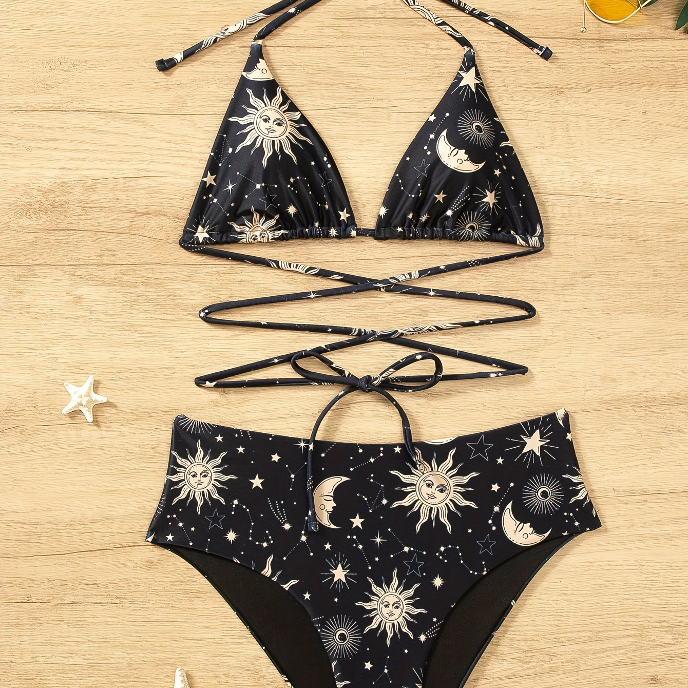 

Sun Moon Stars Print Bikini Set, High Cut Two-piece Swimsuit, Tie-back Top With Matching Bottoms, Beachwear, Summer Fashion