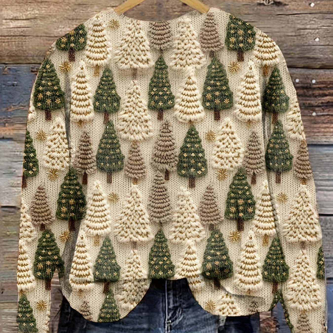 

Pullover élégant à col rond avec motif d'arbre de Noël, 100 % polyester tricoté, pull toutes saisons pour femme avec imprimé végétal sur toute la surface.