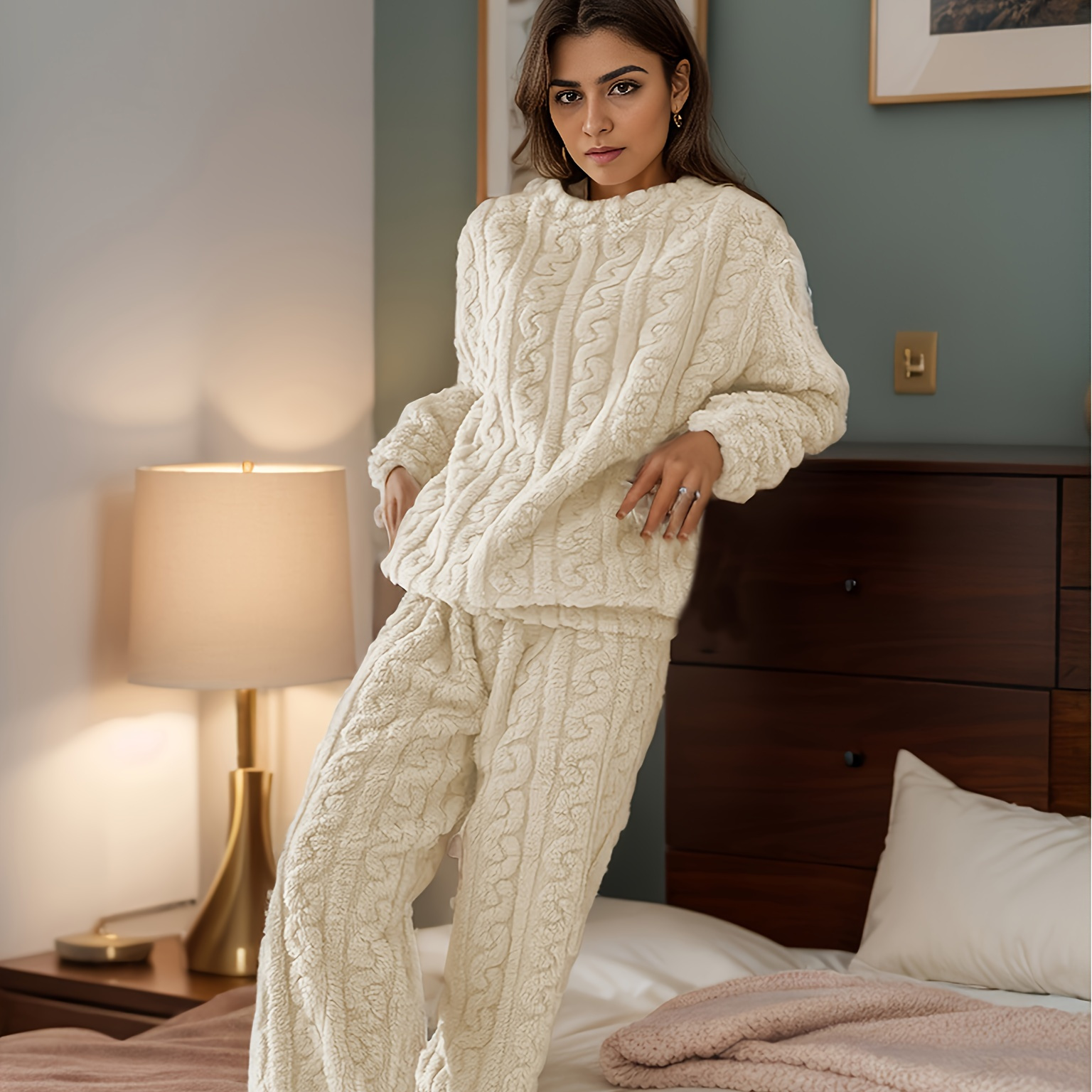 

Women' Jacquard Fleece Set, Long Sleeve Round Neck Top & Pants, Comfortable Relaxed Fit For Fall & Winter