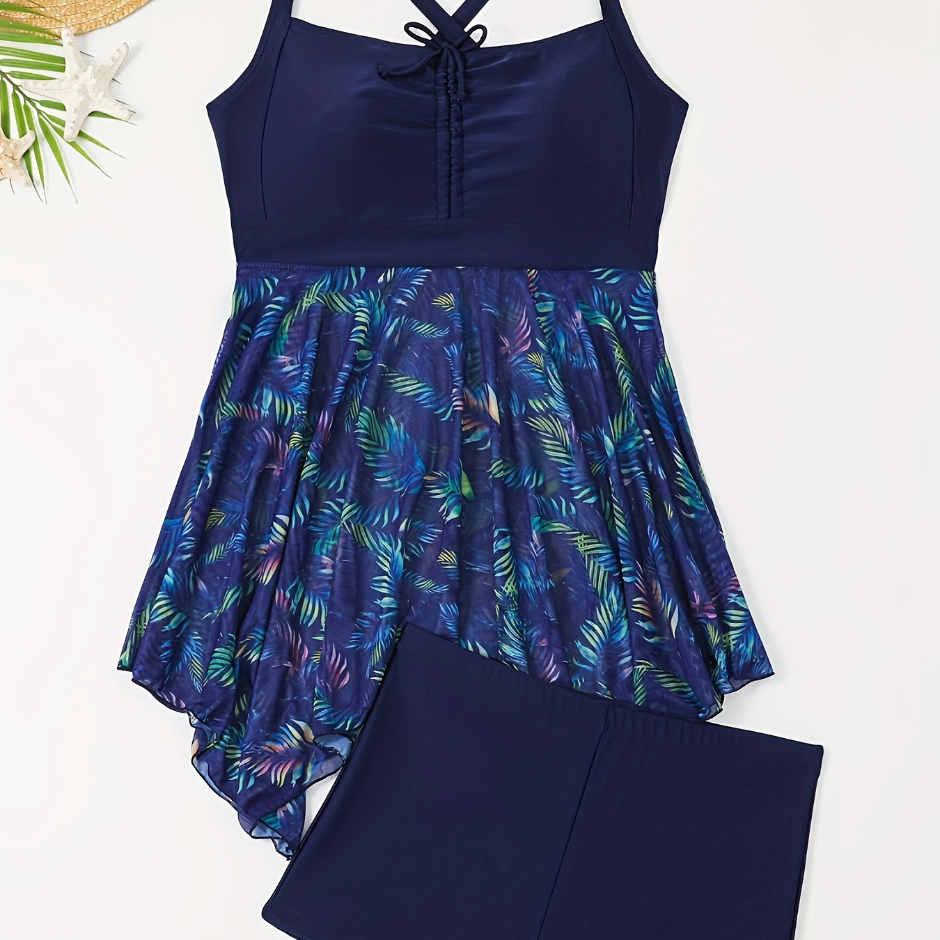 

Plus Size Elegant Tankini Set, Women's Plus Contrast Tropical Print Lace Up Asymmetrical Hem Cami Dress & Bottoms Swimsuit 2 Piece Set