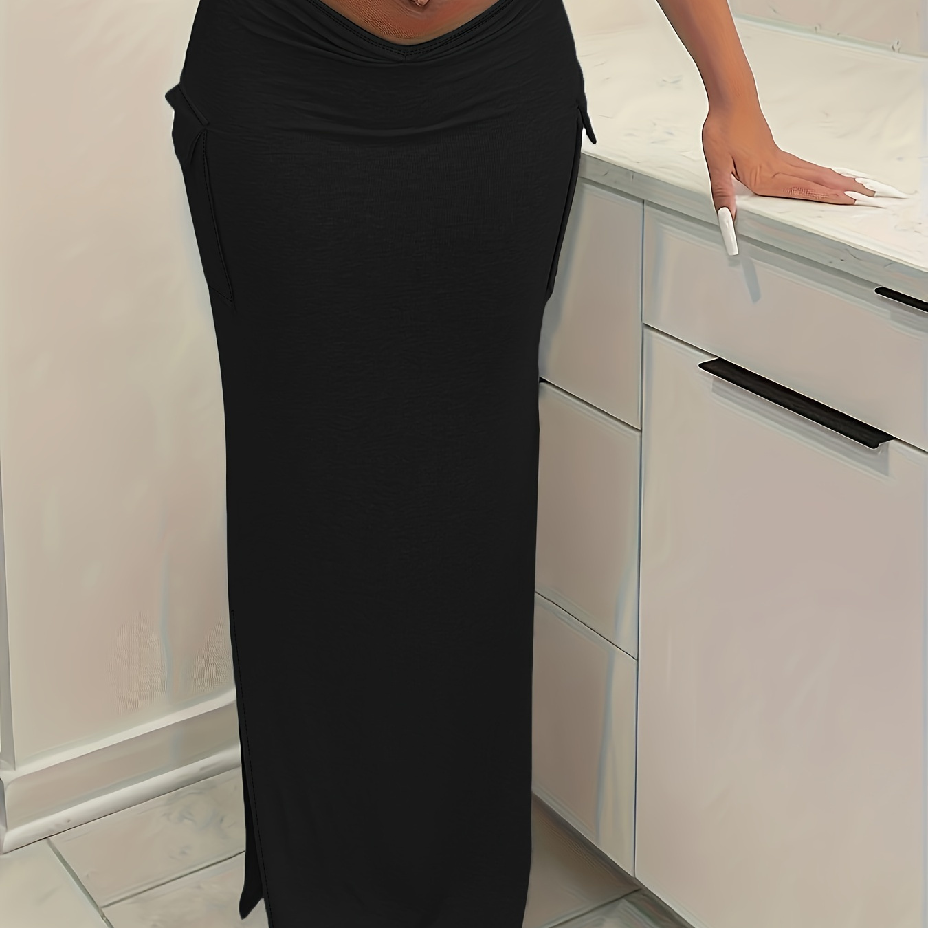 

Solid Split Bodycon Skirt, Casual Maxi Length Skirt With Pockets, Women's Clothing
