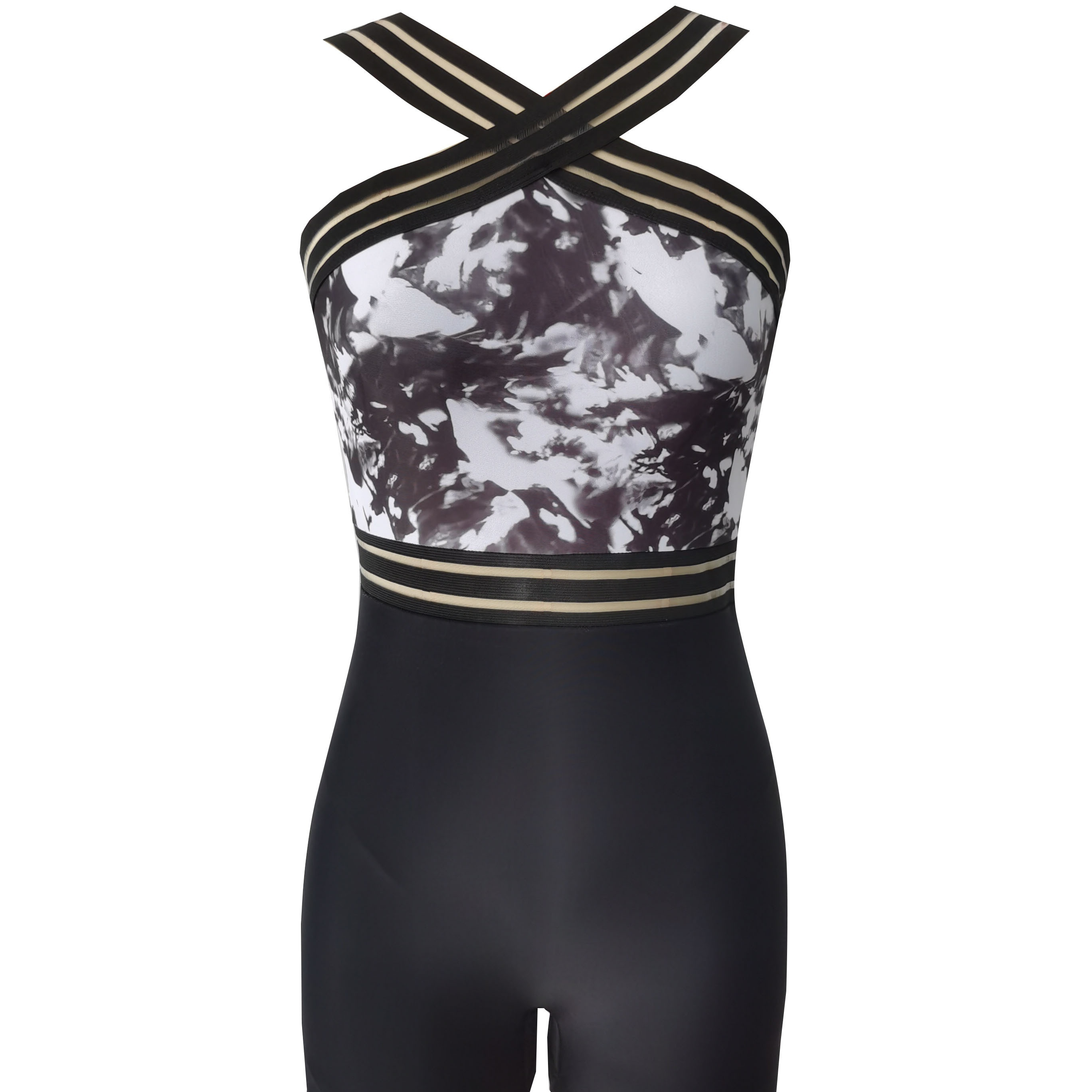 

Contrast Mesh Swmsuit, High-stretch Criss Cross Neck Colorblock Boxer Short Bottom Bathing Suit, Women's Swimwear & Clothing