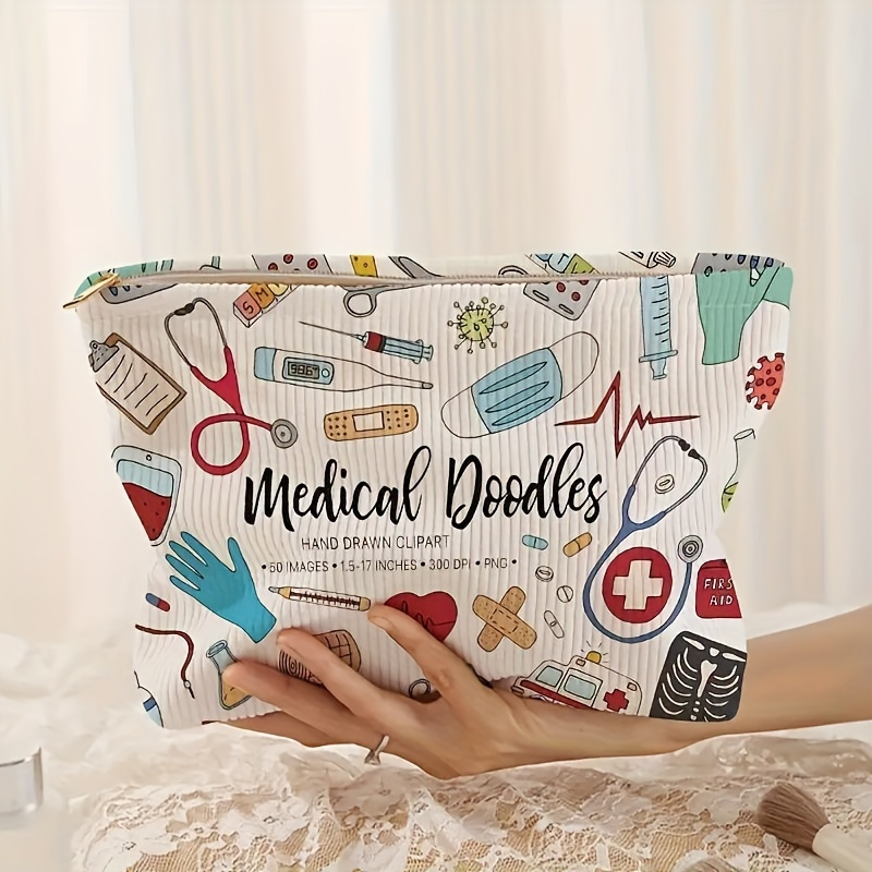 

Medical Supplies Patterned Printed Corduroy Zippered Storage Bag, Lightweight Makeup Bag, Makeup Bag, Multifunctional Toiletries Bag With Lining