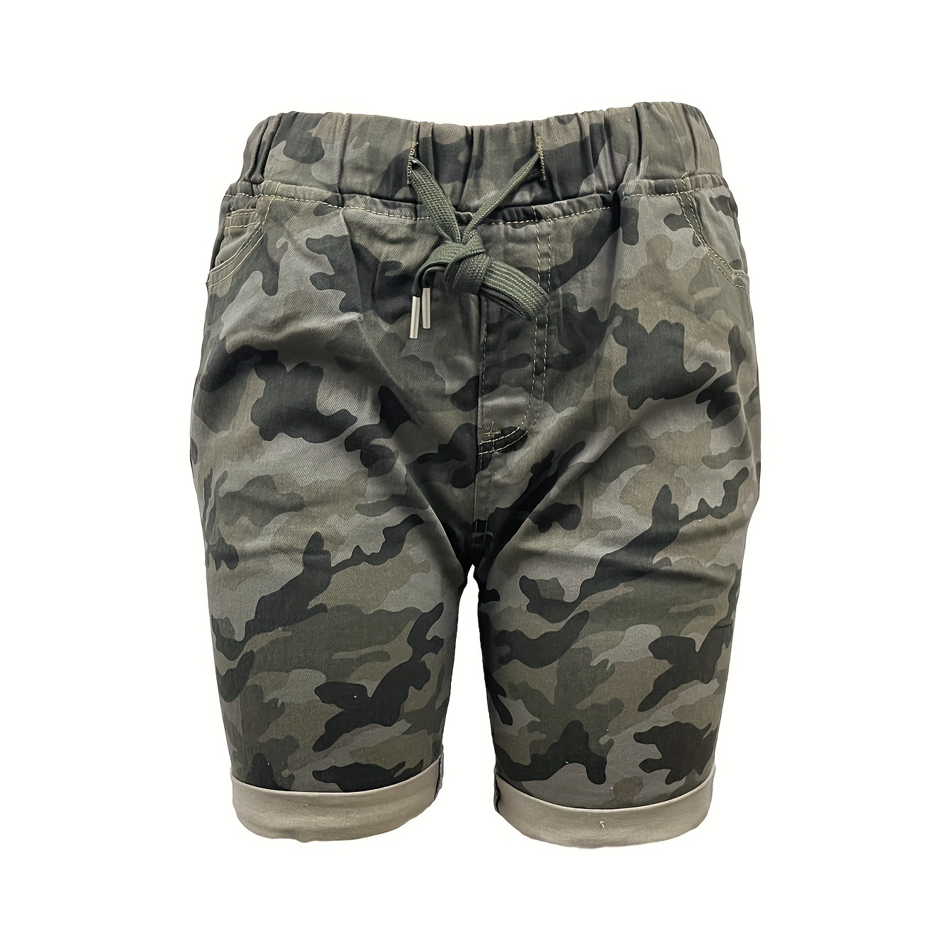 

Camo Elastic Waist Denim Shorts, Slash Pockets Rolled Hem Mid-stretch Short Denim Pants, Women's Denim Jeans & Clothing