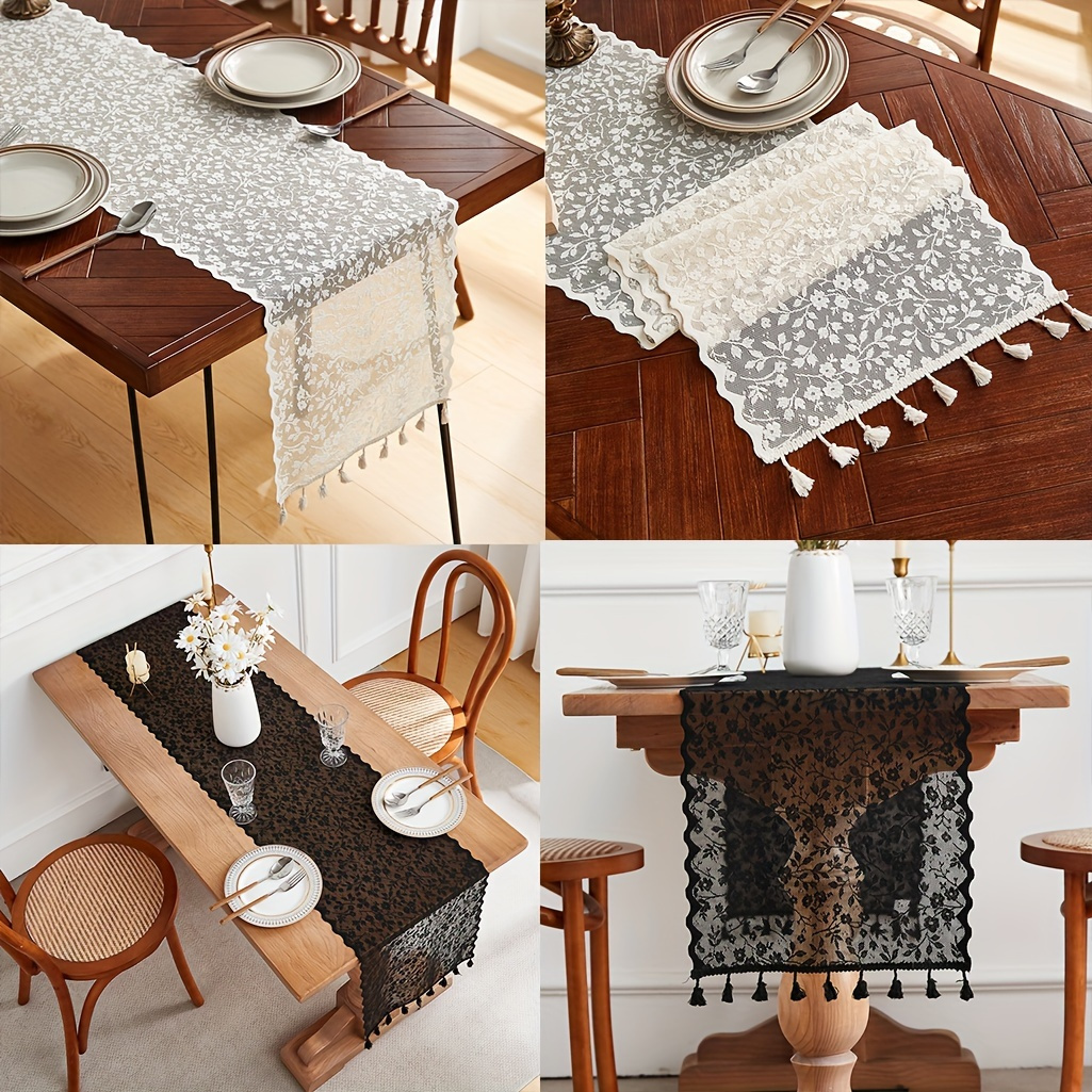 

Elegant Floral Lace Table Runner With Tassels - Polyester Woven Square Tablecloth With Poly Lining & Fill, Decorative Embroidered Table Flag For Dining And Coffee Table, 1pc