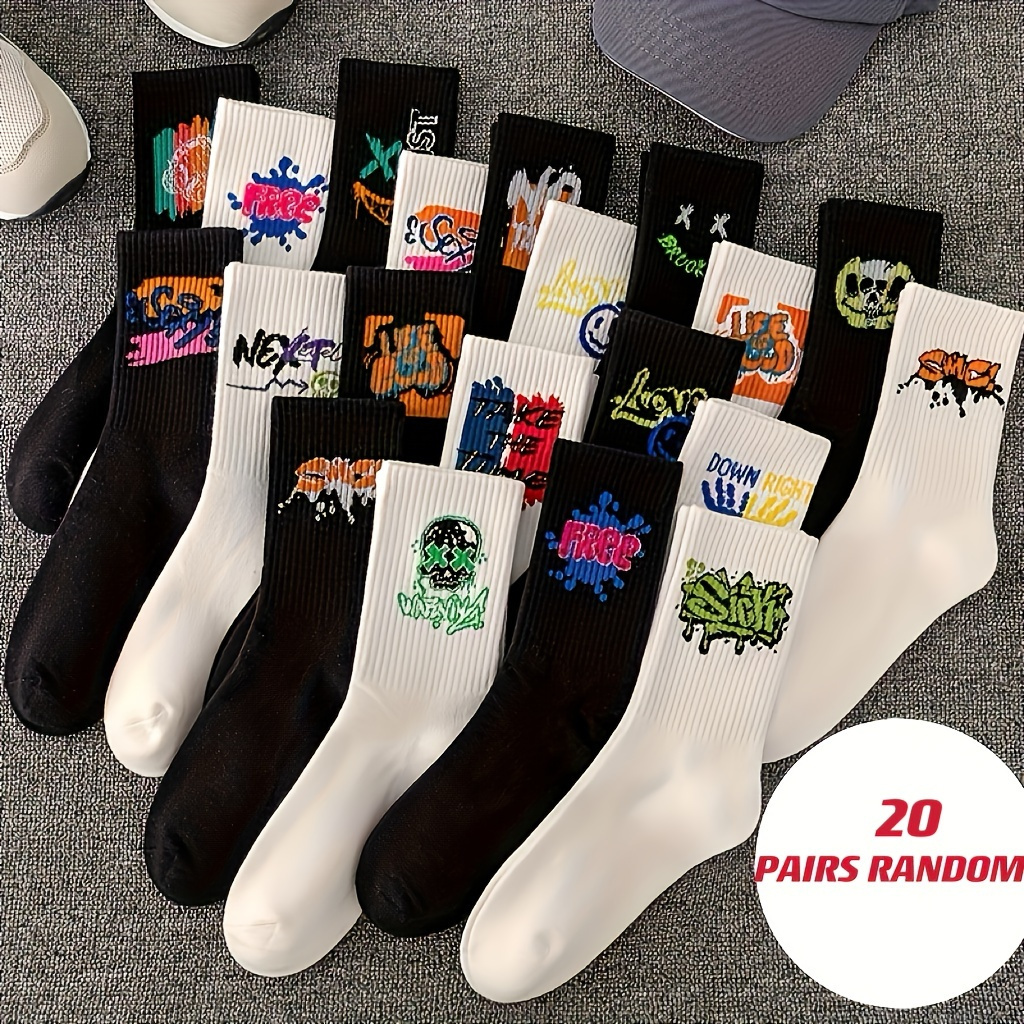 

20 Pairs Cartoon Graffiti Knee-length Socks For Women, Polyester Knit Fabric With Spandex, Machine Washable, Casual Sporty Tube Socks For Daily Wear