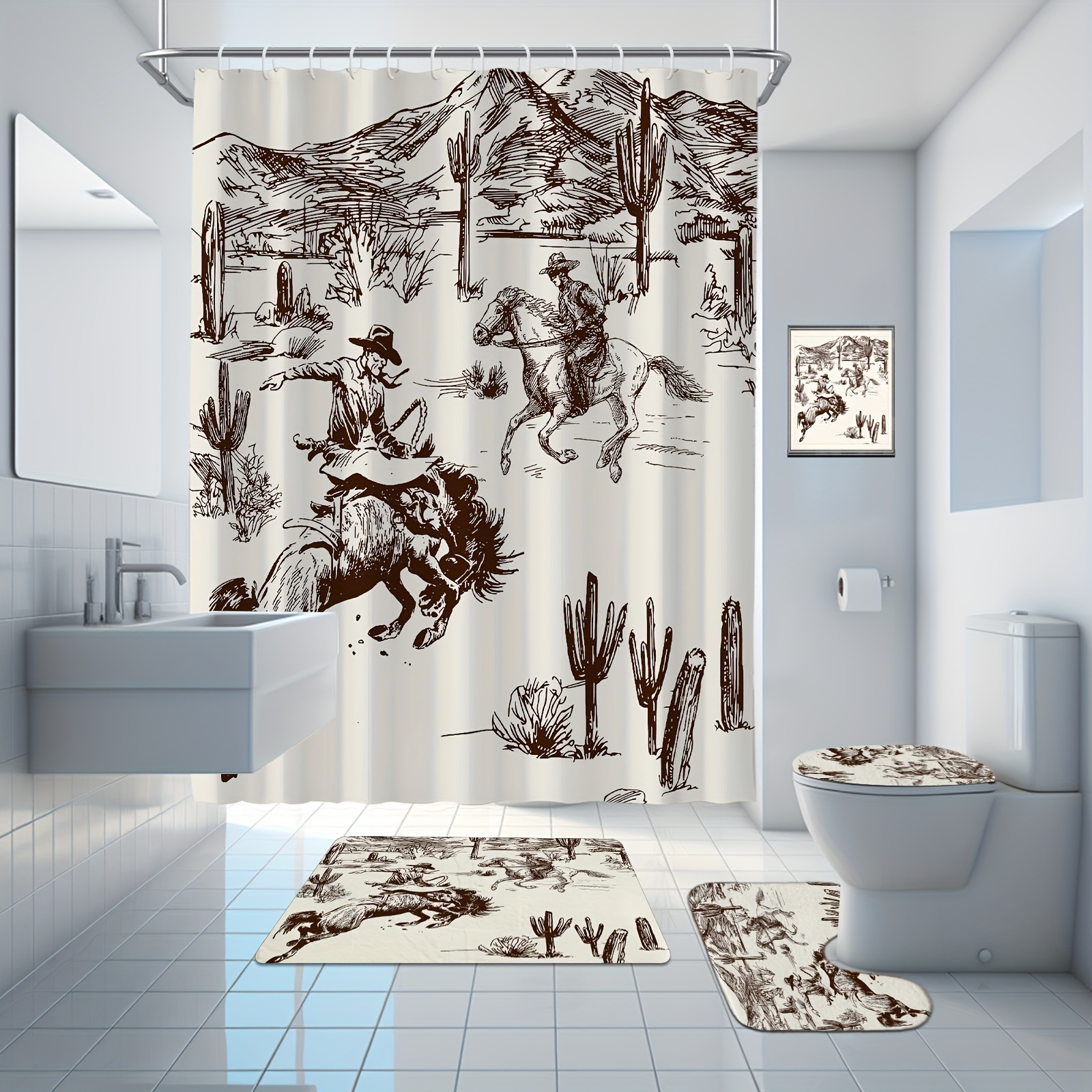 

1pc/4pcs Shower Curtain Set, Mustang Shower Curtain, Bathroom Shower Curtain Non Mat, Lid Mat, Bathroom Accessories, 12 Plastic , 71x71in