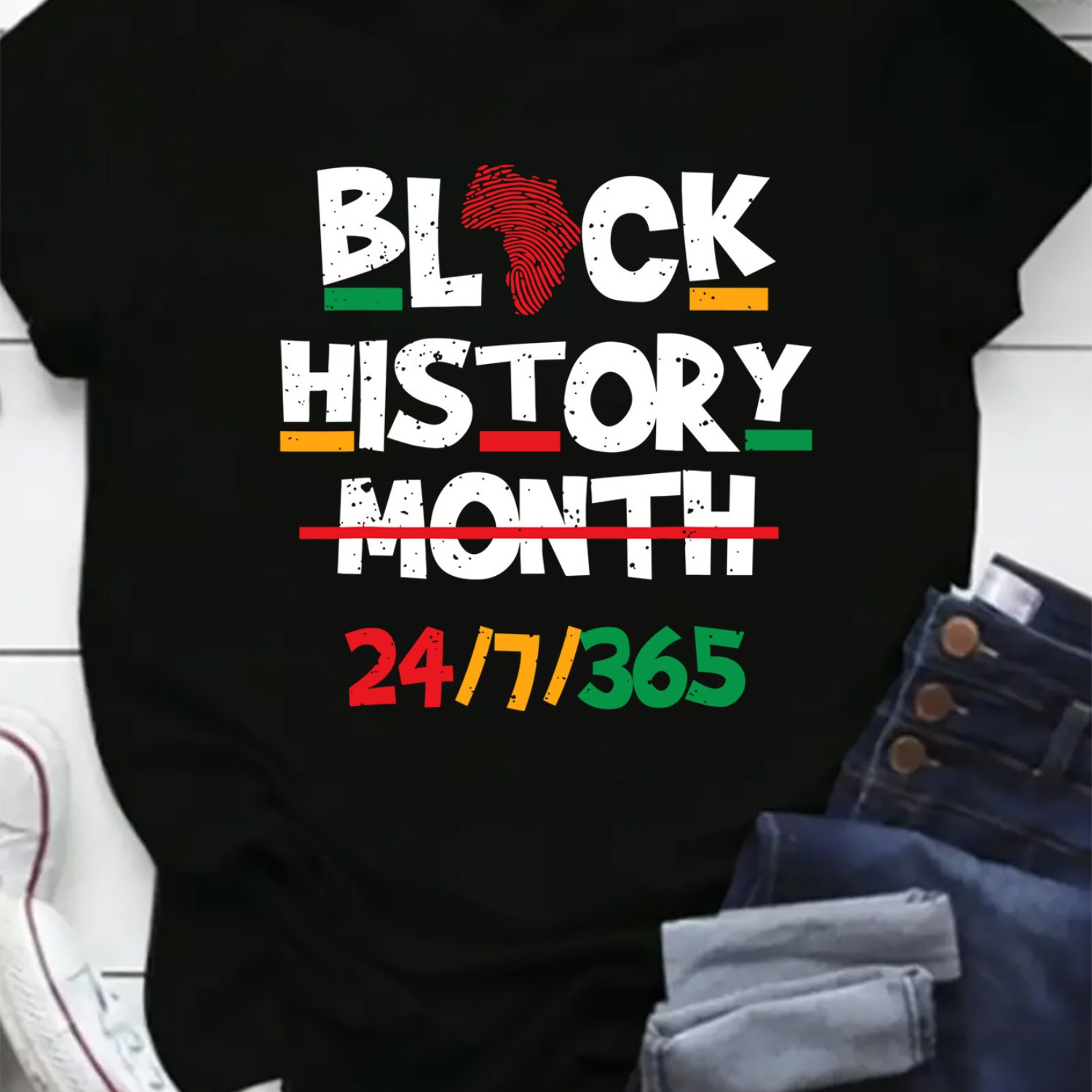 

[minimalist] Women's Plus Size - Black History Month 24/7/365 Design, Short Sleeve Crew Neck, Geometric Pattern, Lightweight & Soft Casual