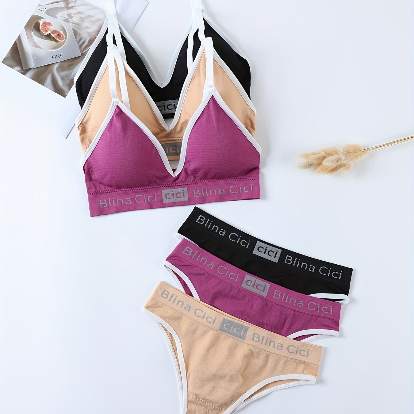 

3 Ensembles De Soutien-gorge Et Culottes À Imprimé Lettre, Soutien-gorge De Sport Sans Fil Et Culotte Élastique Ensemble De Lingerie, Lingerie Et Sous-vêtements Pour Femmes