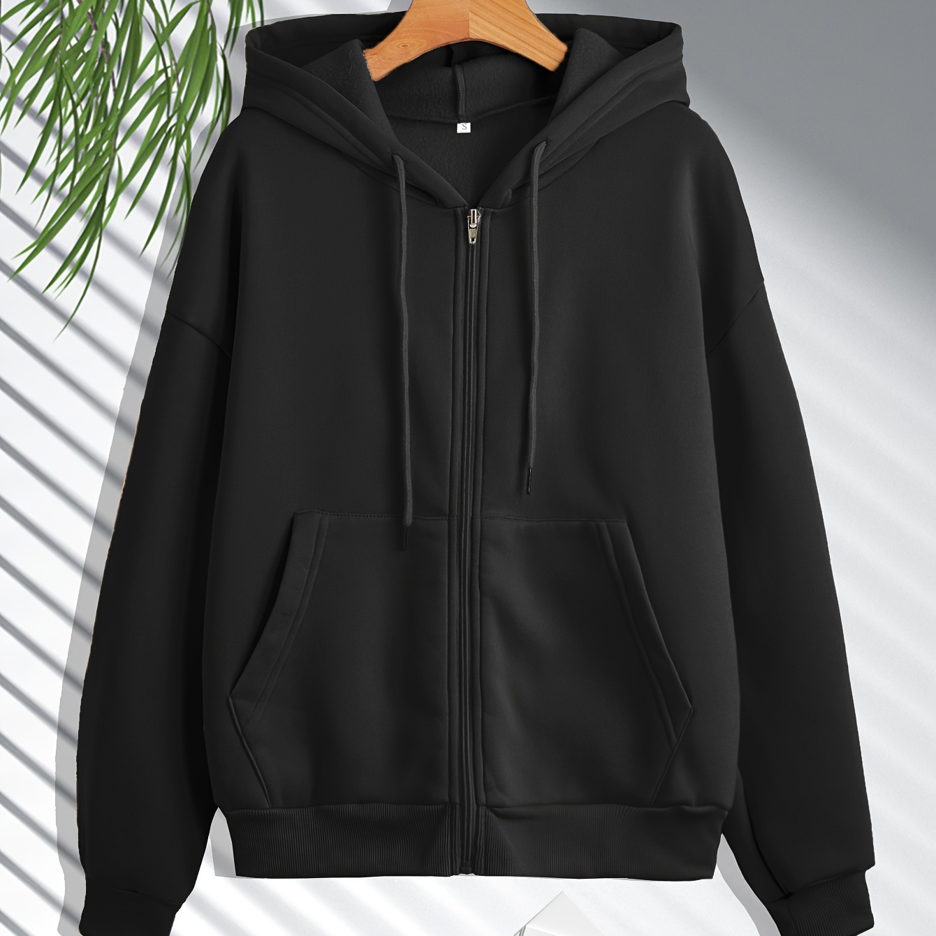 Women's Zip Up Casual Hoodie Solid Sweatshirt, Fashion Fall Long Sleeve Drawstring Hoodie