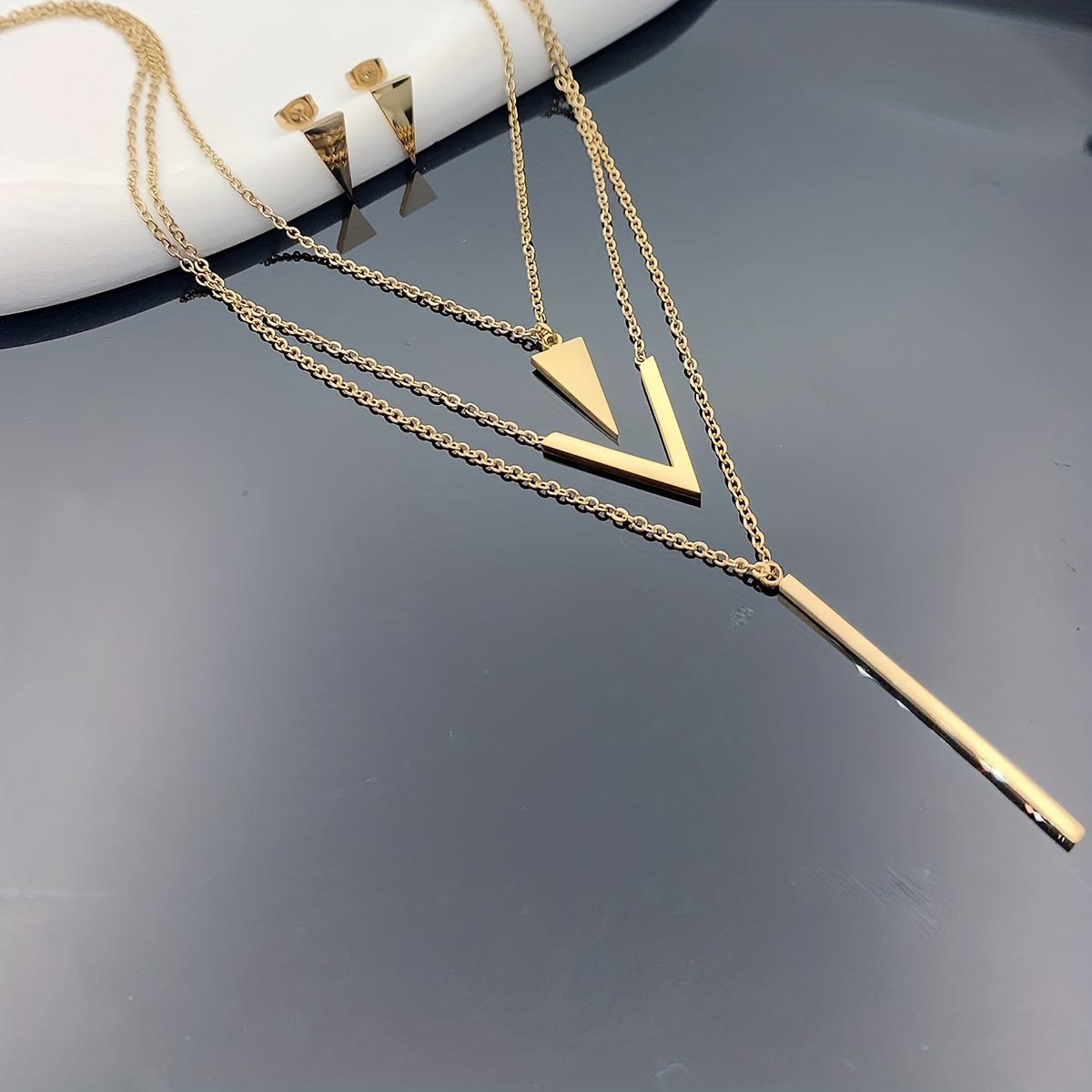 

3pcs Stainless Steel Long Strip V-shaped Geometric Pendant, Multi-layer Necklace, Triangle Earrings, Birthday Holiday Gift, Clothing Decoration, Party Accessories