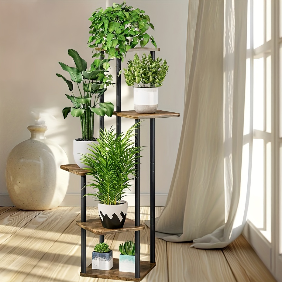 

Multi-tier Metal Plant Stand With Irregular Wood Shelves, Oak Finish, Indoor Corner Tall Plant Stand For Garden, Living Room, Balcony, Bedroom - Durable Kickstand Base Plant Holder With Metal Frame.