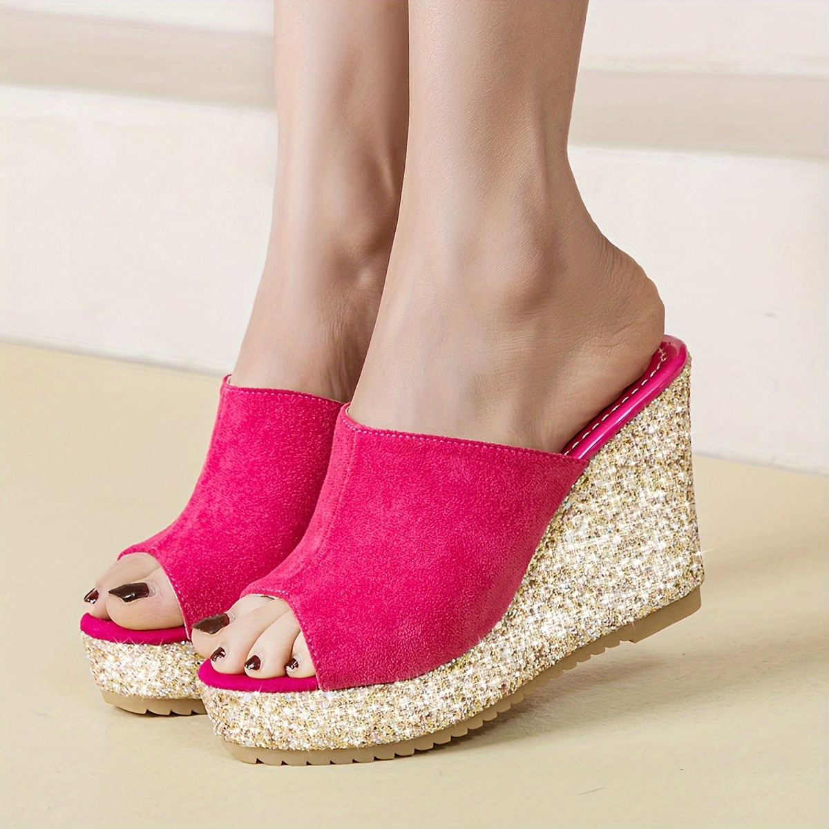 Peep Toe Pink Ribbon Detail Cork Wedges