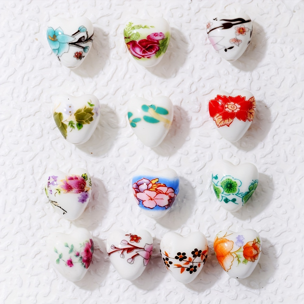 

13pcs Random Mixed Exquisite Unique Heart Shape Flower Pattern Ceramic Loose Beads For Bracelet Necklace Diy Crafts Jewelry Making Supplies