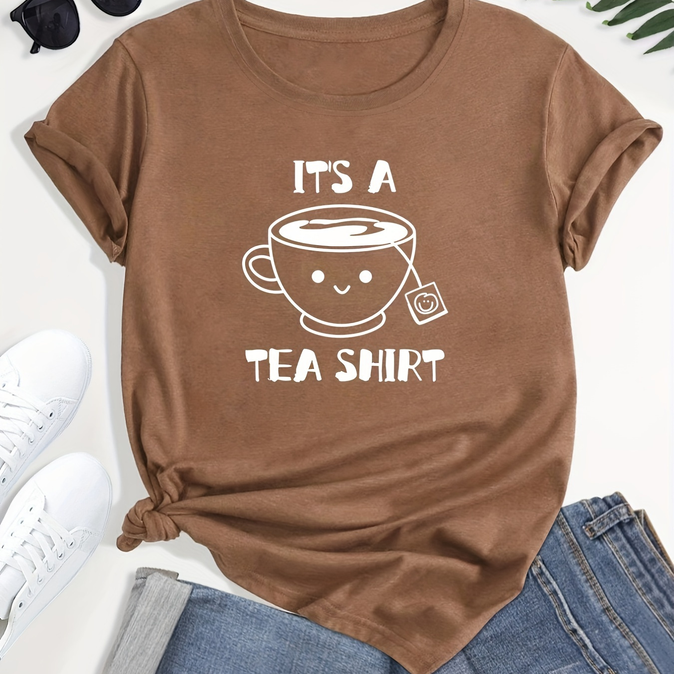 

Plus Size Casual Tee, Women's Plus Cartoon Tea & Letter Print Short Sleeve Round Neck Slight Stretch T-shirt