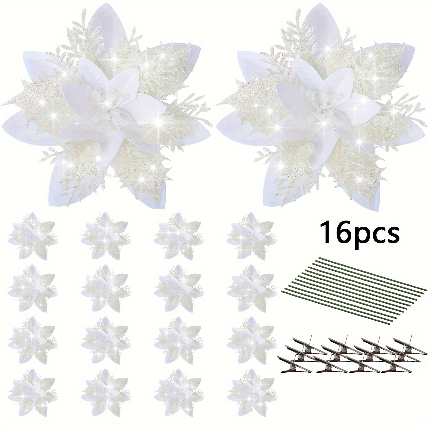 

16pcs, 5.5 Inch White Poinsettia Artificial Christmas Flowers Decorations With Clips And Stems Glitter Christmas Poinsettia Decorations For Tree Ornaments Wreath Decoration