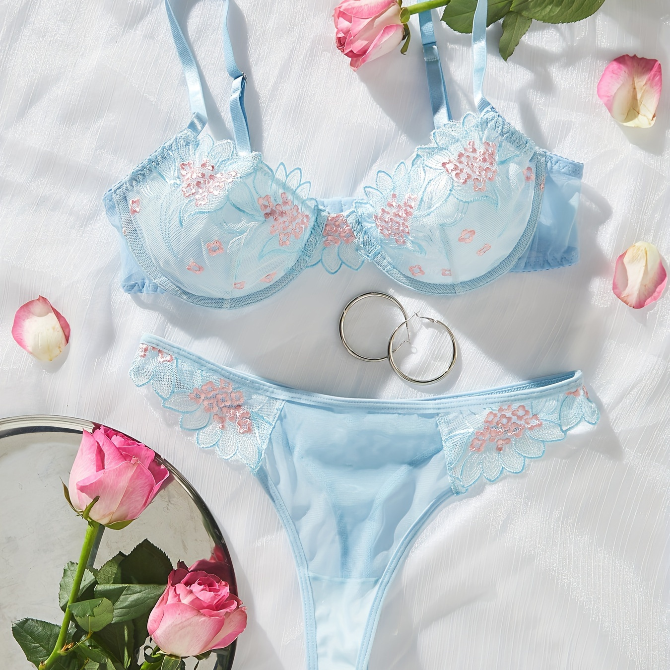 Floral Embroidery Lingerie Set Mesh Unlined Bra Thong - Temu Canada