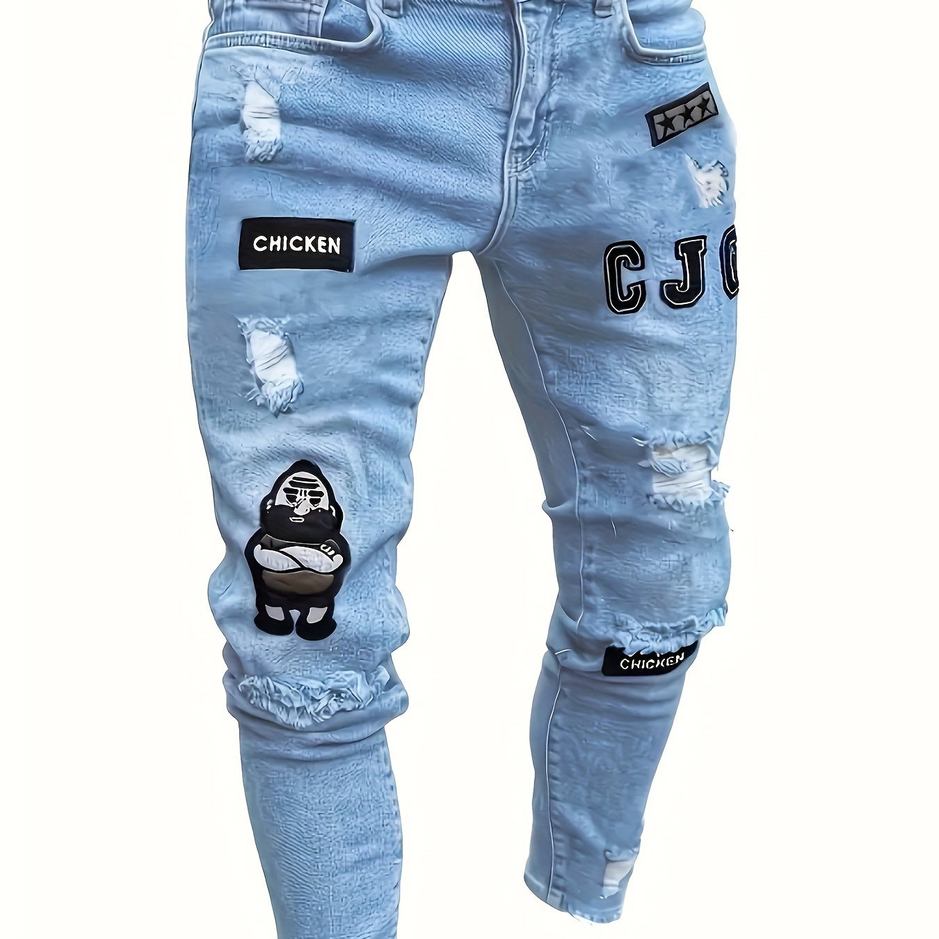 

Men's Cute Man Embroidery Print Washed Denim Trousers With Pockets, Causal Cotton Blend Slim-fit Jeans For Outdoor Activities