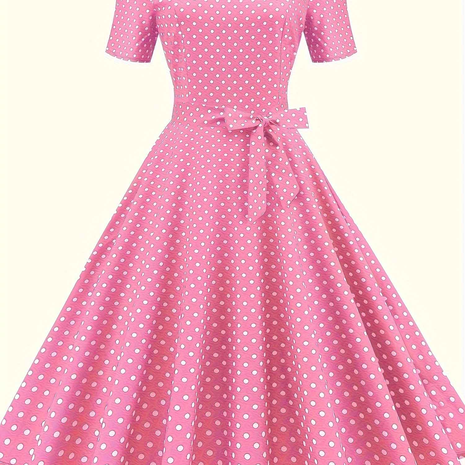 

Polka Dots Print Square Neck Dress, Vintage Belt Short Sleeve Ruffle Trim A-line Dress For Spring & Summer, Women's Clothing