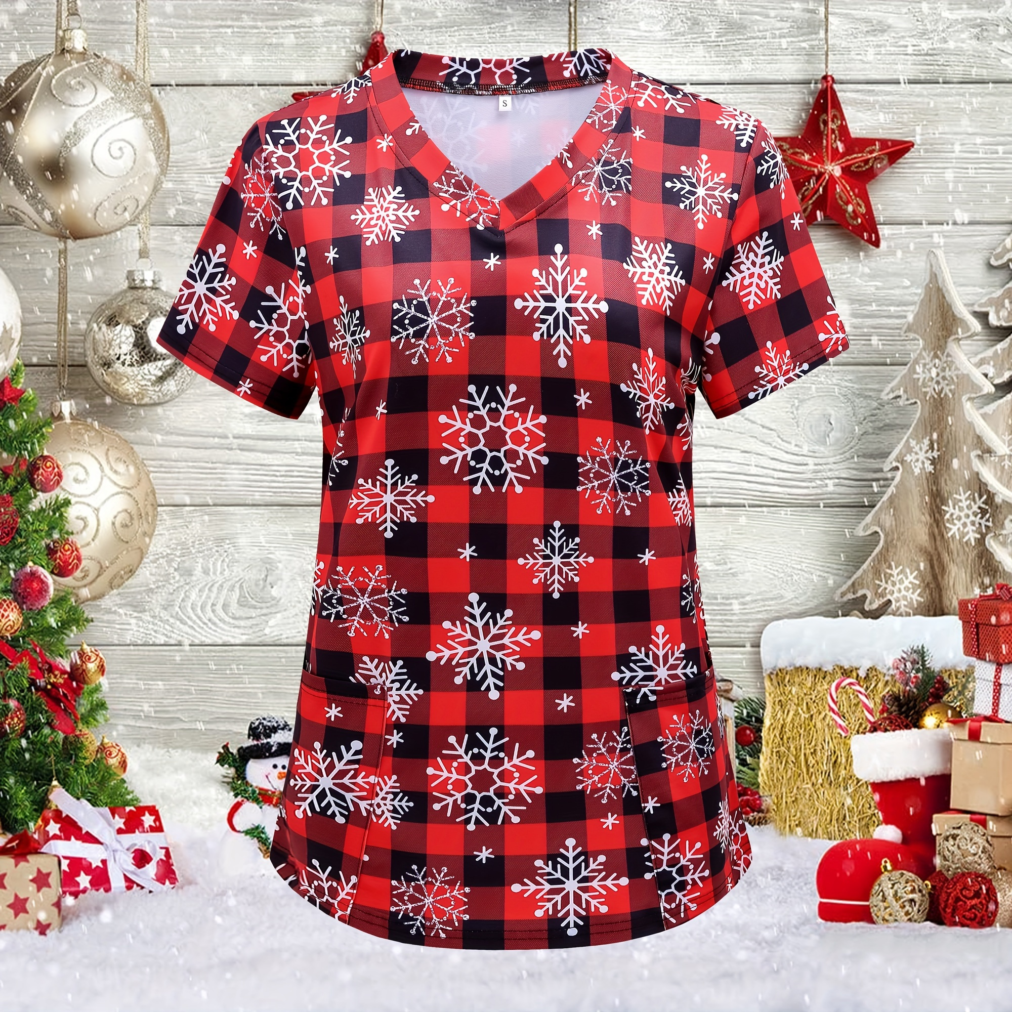 

Women's Christmas Nurse Uniform V-neck With Pockets, Short Sleeve, Regular Fit, Fashionable Commuter Top, Polyester , Machine Washable, Elegant Series