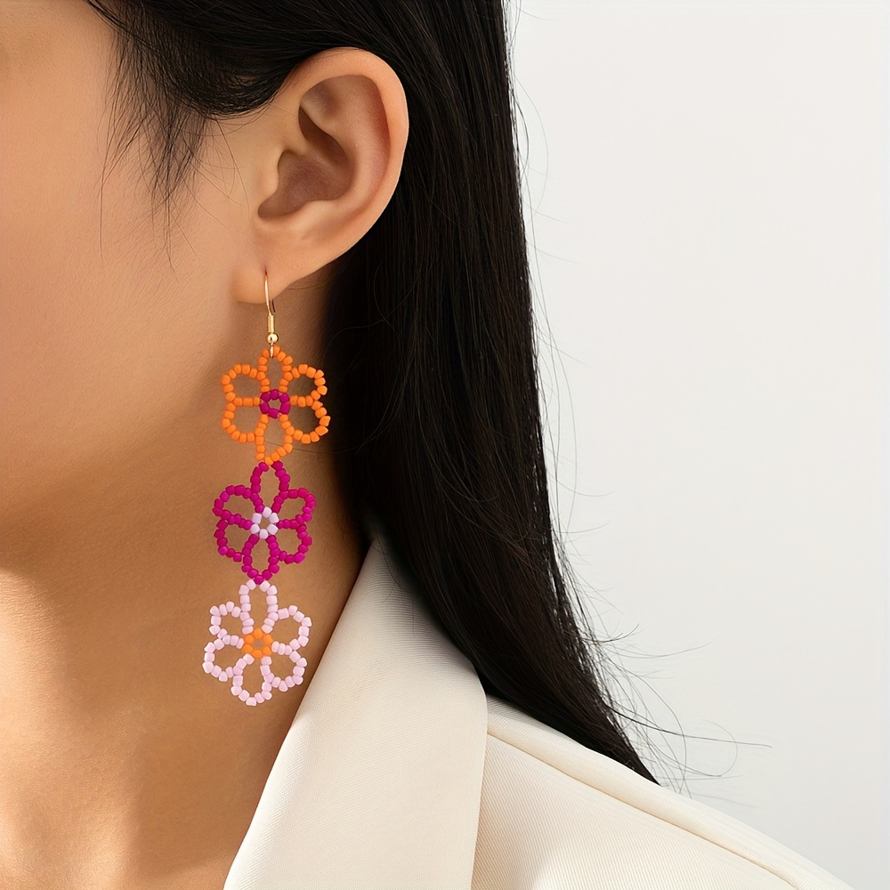 

Bohemian Style Handcrafted Colorful Beaded Tassel Flower Drop Earrings, Retro Geometric Floral Design Long Dangle Earrings For Women