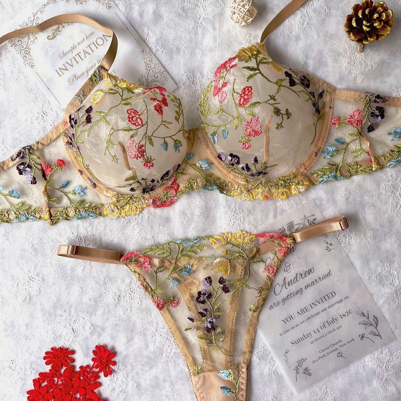 Solid Floral Embroidery Lingerie Set Intimates Bra Thongs - Temu Canada