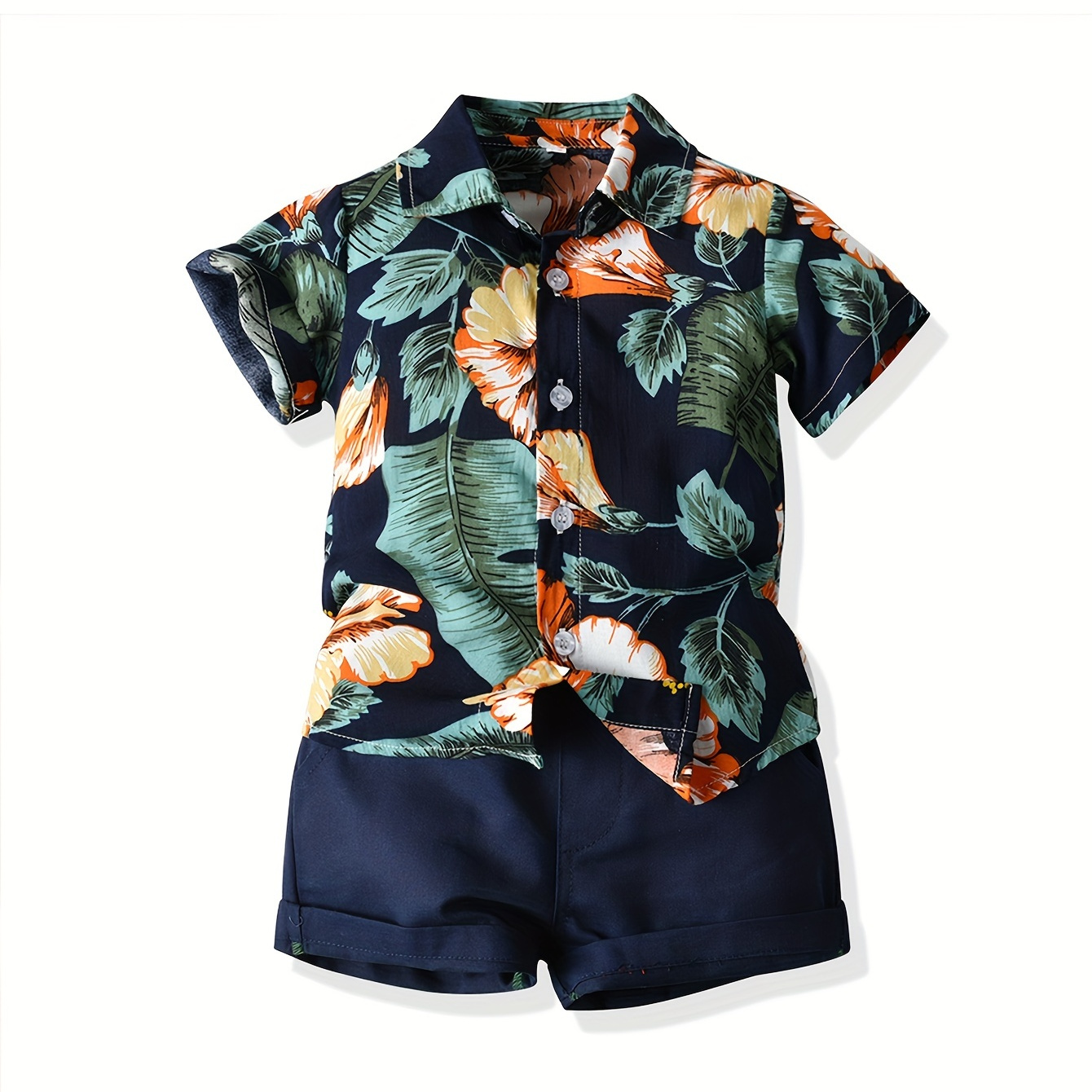 

2pcs Boys Hawaii Beach Tropical Leaf Graphic Print Short Sleeve Lapel Shirt&shorts Set, Comfy Summer Kids Clothing
