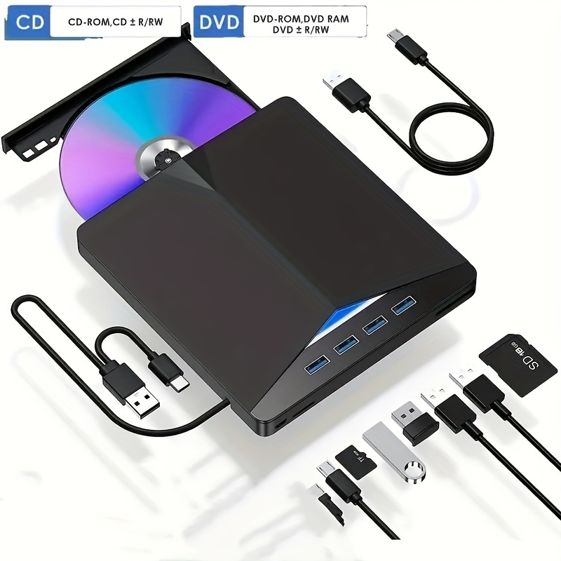 

7 In 1 External Cd/dvd Drive For Laptop, Usb 3.0 Type C Dvd Player Portable Cd/dvd Burner, Cd Rom External Dvd Optical Drive Compatible With Laptop Desktop Pc Windows 11/10/8/7 Linux Os
