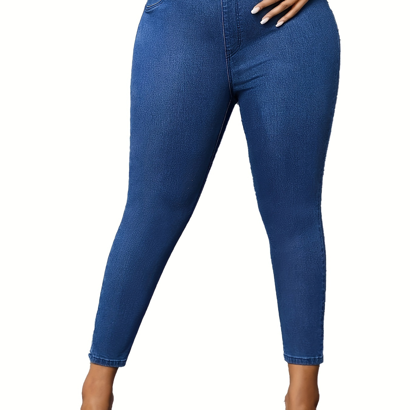 

High-waisted Elastic Skinny Jeans, Plain Washed Blue Slim Fit Denim Pants, Elegant Style, Stretchable Ankle-length Trousers For Women